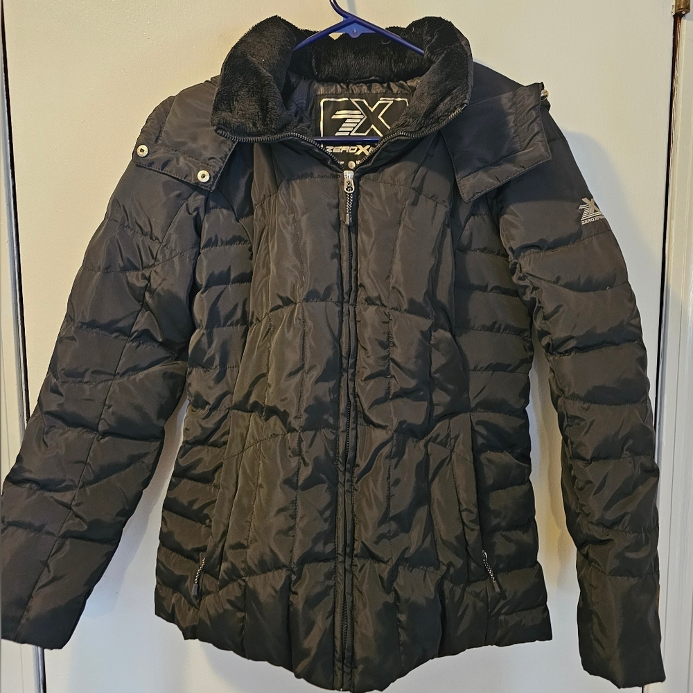ZeroXposur Puffer Jacket Womens Small Black Down Insulated Hooded Faux Fur Trim